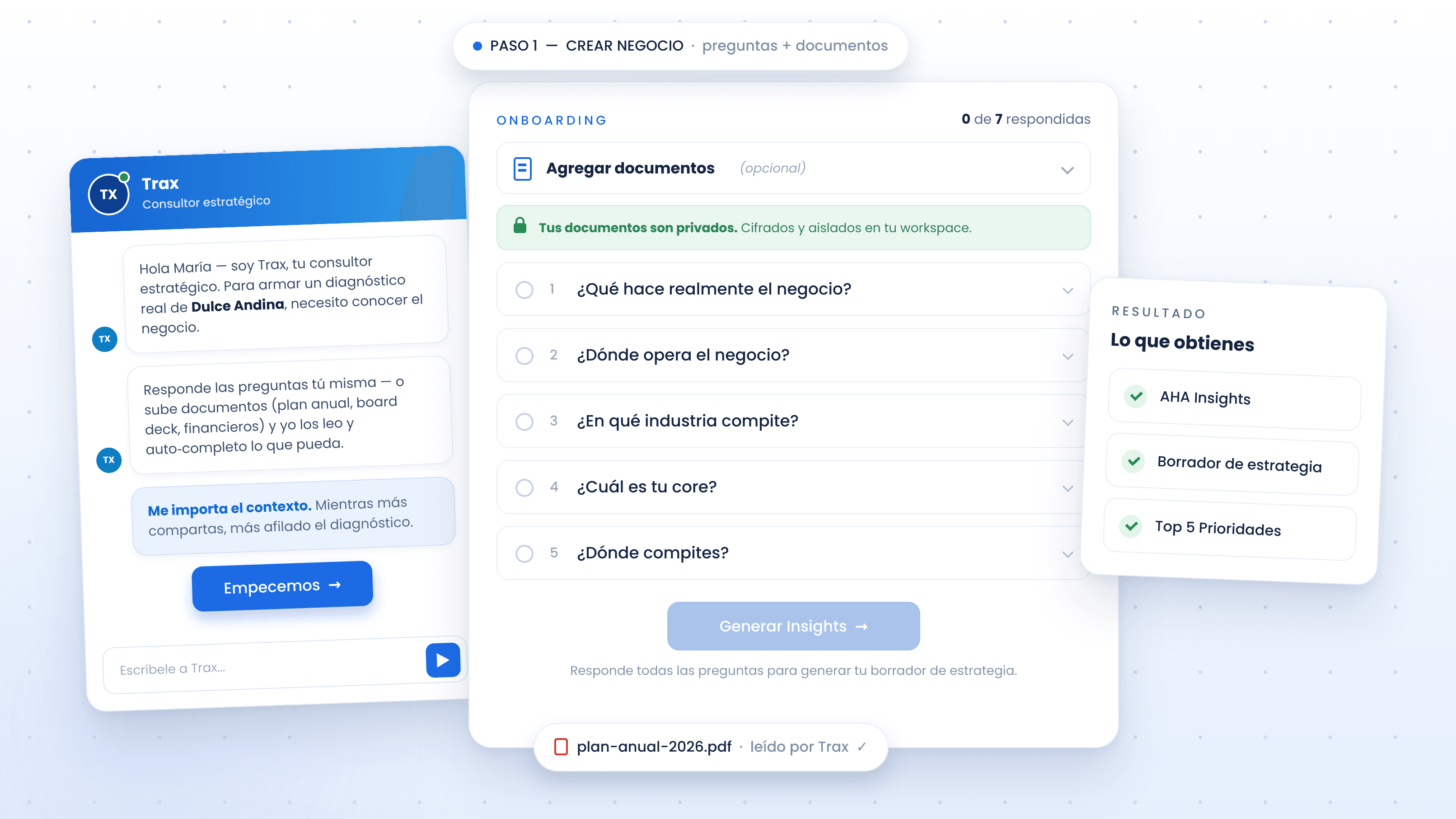 Onboarding de Trax — nombra tu empresa y responde preguntas guiadas