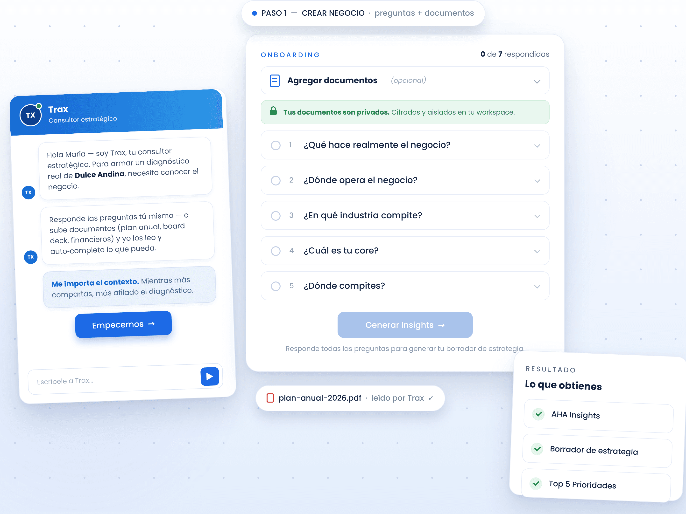 Onboarding de Trax — nombra tu empresa y responde preguntas guiadas